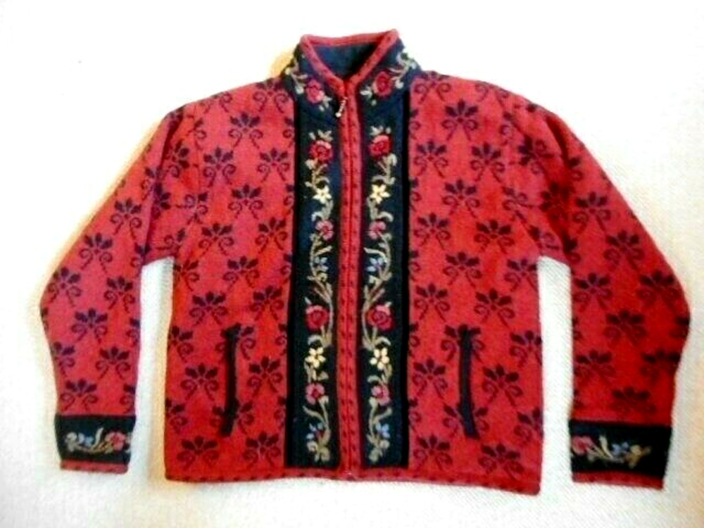 VINTAGE Womens Sweater/Jacket-ICELANDIC DESIGN-red/black wool lined cardigan-S